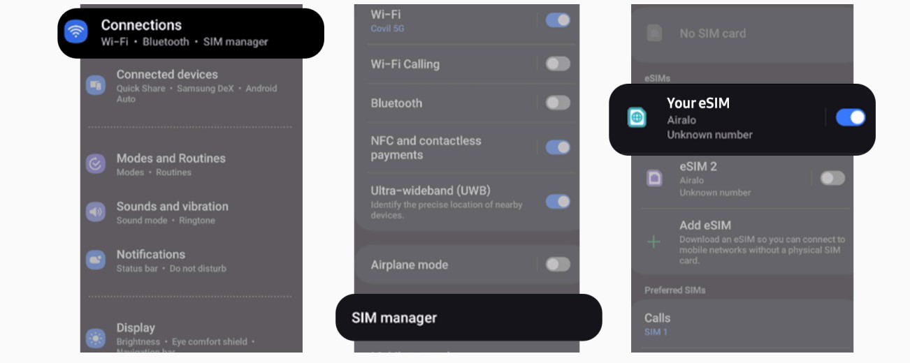 Screenshot of Samsung settings showing how to enable an eSIM line.