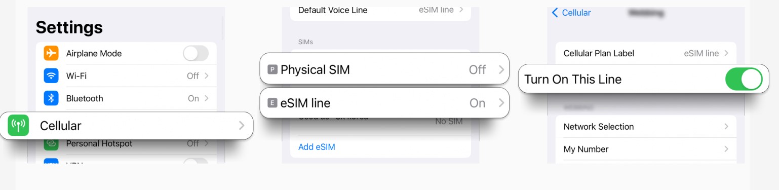 Screenshot of iOS settings showing how to enable an eSIM line.