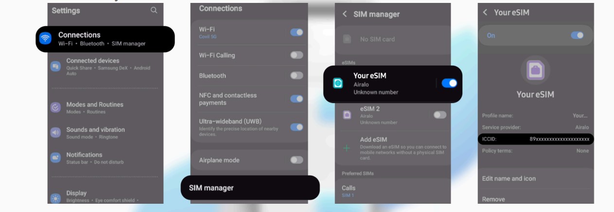 Screenshot of Samsung settings showing where to find the ICCID number.