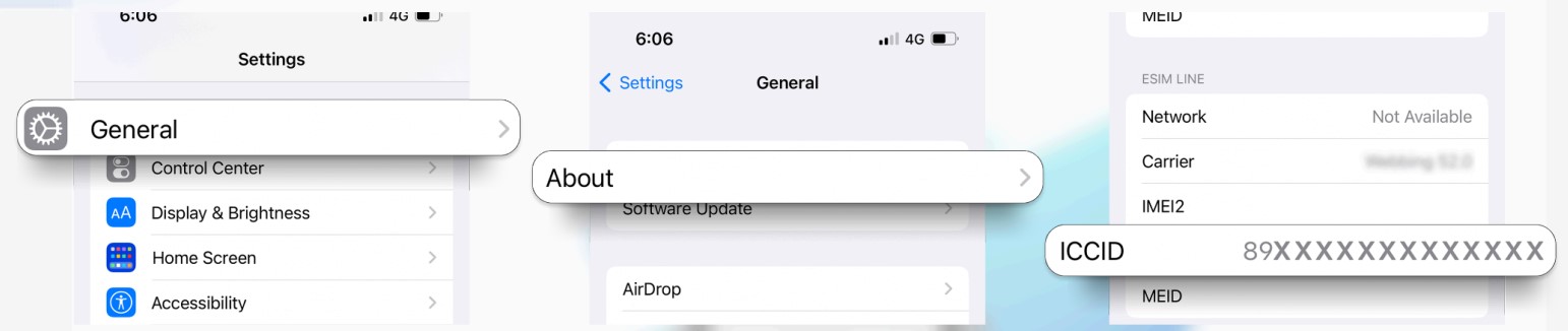 Screenshot of iOS settings showing where to find the ICCID number.