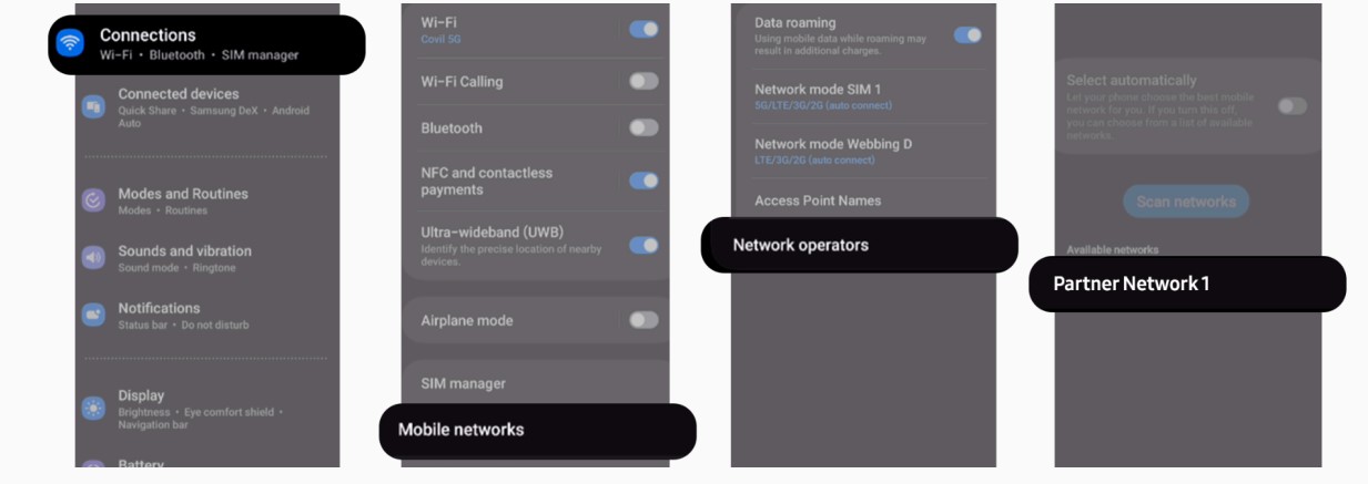 Screenshot of Samsung settings for manual network selection.
