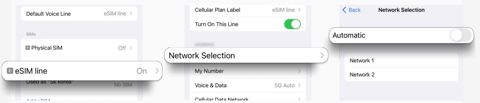 Screenshot of iOS settings for manual network selection.