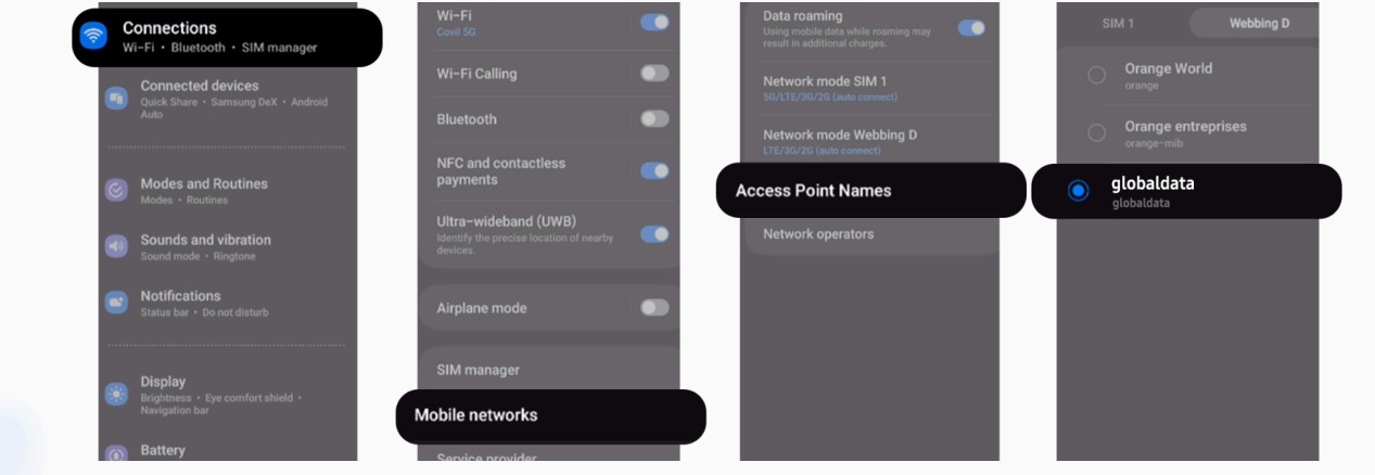 Screenshot of Samsung settings showing where to set the APN.