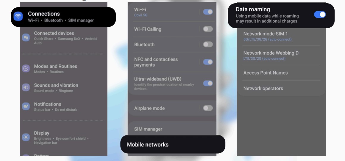 Screenshot of Samsung settings showing how to enable data roaming.