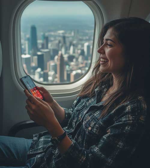 Happy traveler using a phone in a bright, modern location