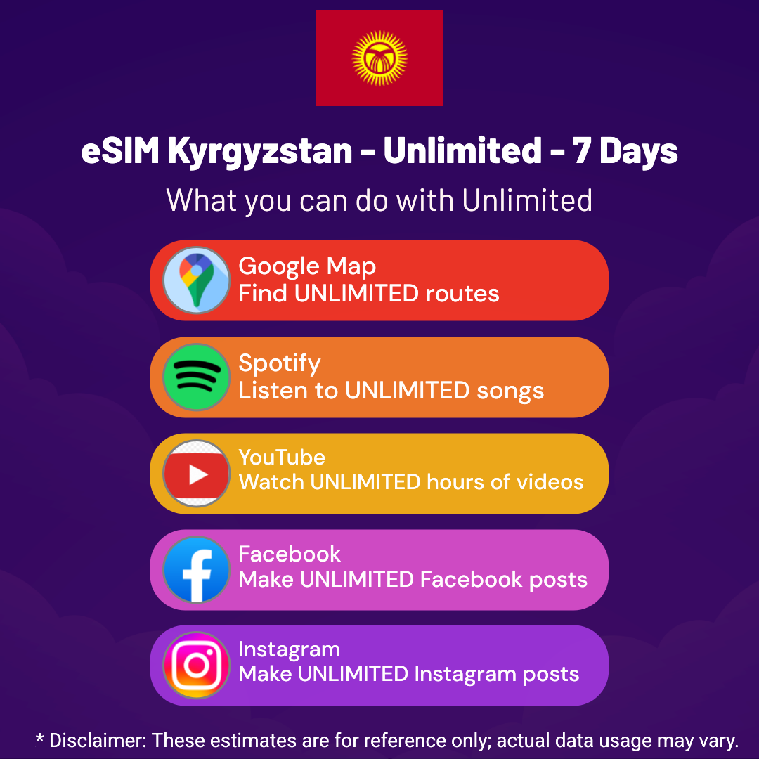 5fec2c92-e29f-4625-84f6-51e59aeaba74.png eSIM Kyrgyzstan - Unlimited - 7 Days