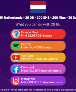 eSIM Netherlands - 20 GB - 200 SMS - 200 Mins - 30 Days