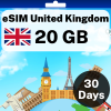 eSIM United Kingdom - 20 GB - 200 SMS - 200 Mins - 30 days