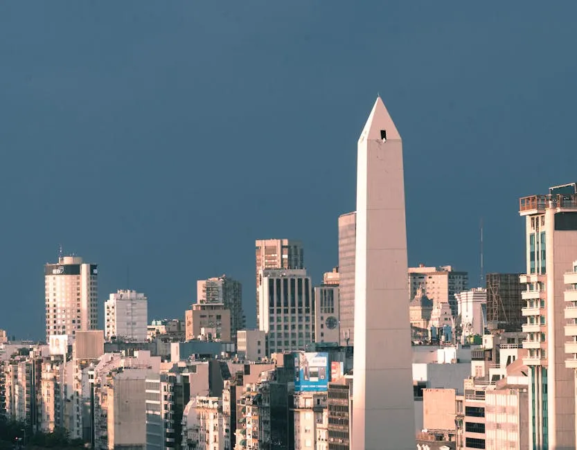 Aerial view of Buenos Aires city centre with the iconic Obelisco surrounded by skyscrapers