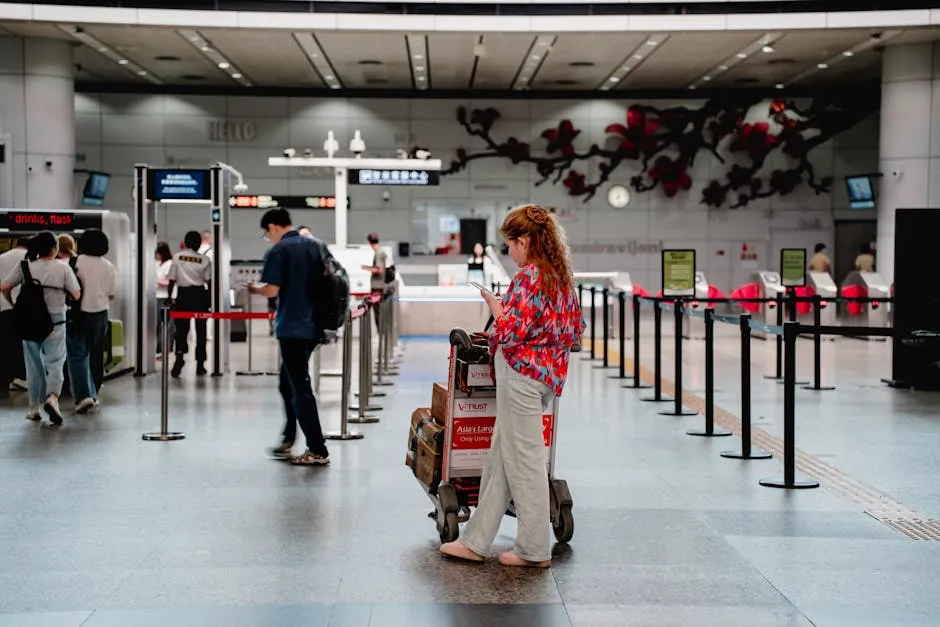 Traveller checking her phone with luggage at a busy airport terminal
