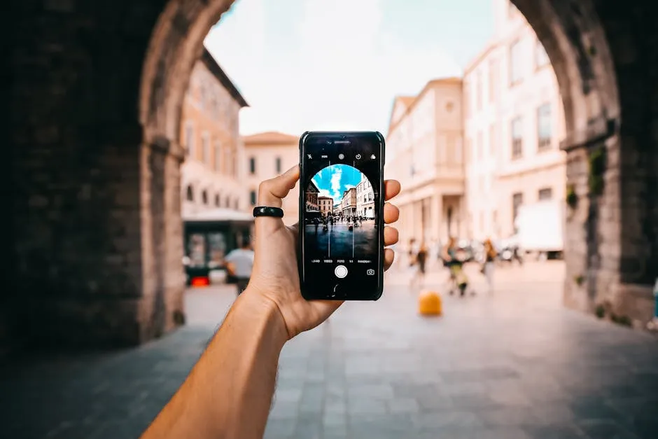 Traveller holding a smartphone framing a colonial city plaza through a stone archway