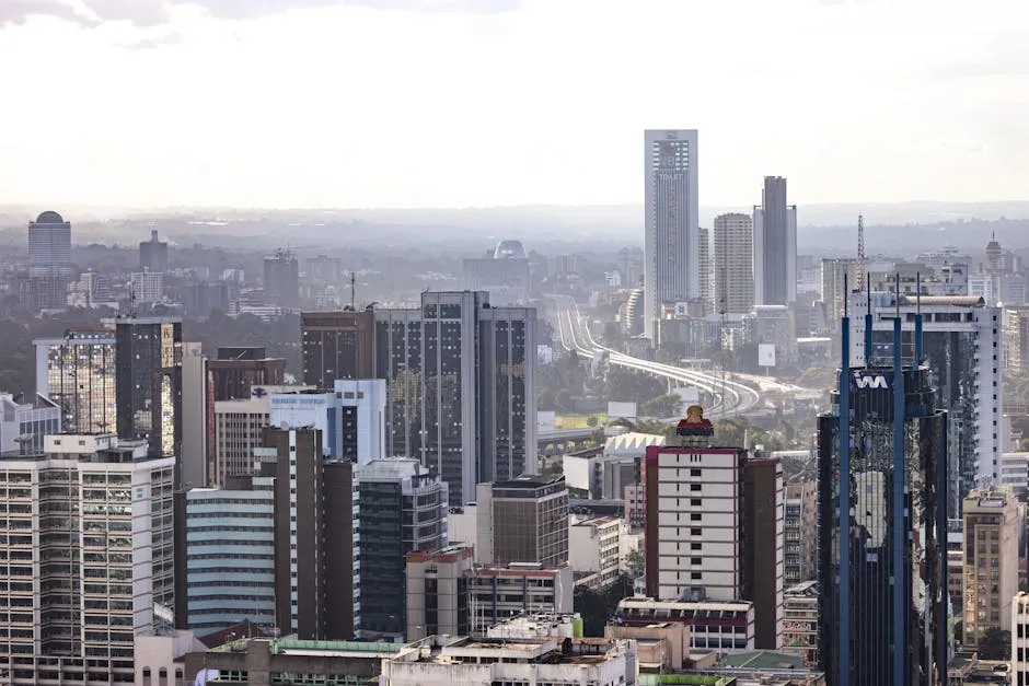 Aerial view of Nairobi's modern skyline with skyscrapers under a clear sky