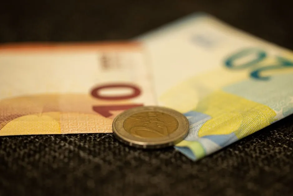 Close-up of Euro banknotes and coin, the currency used across Spain