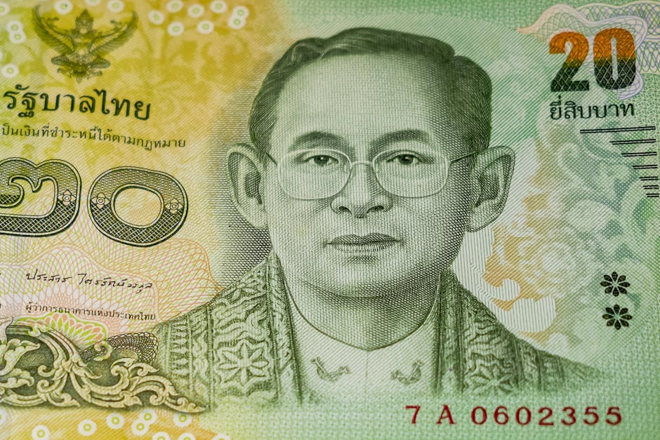 Close-up of a Thai 20 baht banknote showing the portrait engraving