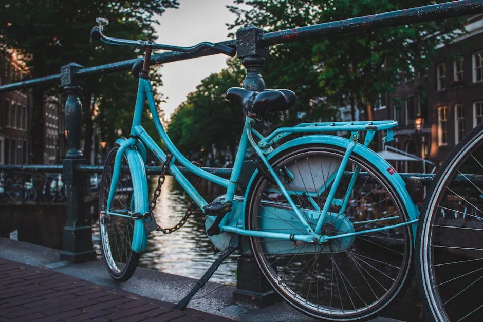 Amsterdam canal with bicycles and canal-side houses