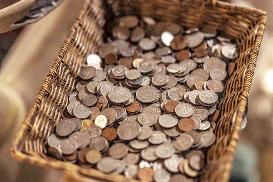 Coins in a basket representing UAE currency and payments