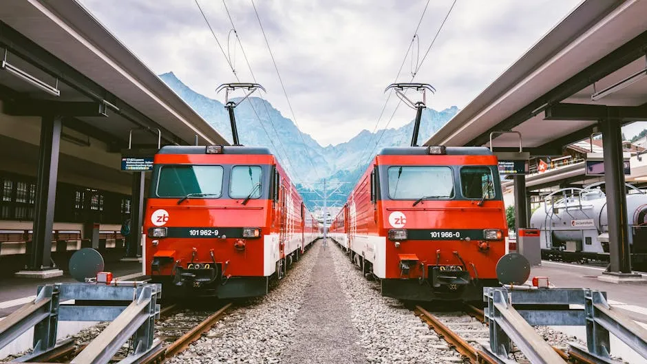 Red Swiss trains at a mountain station, the national gold standard for rail travel around Switzerland