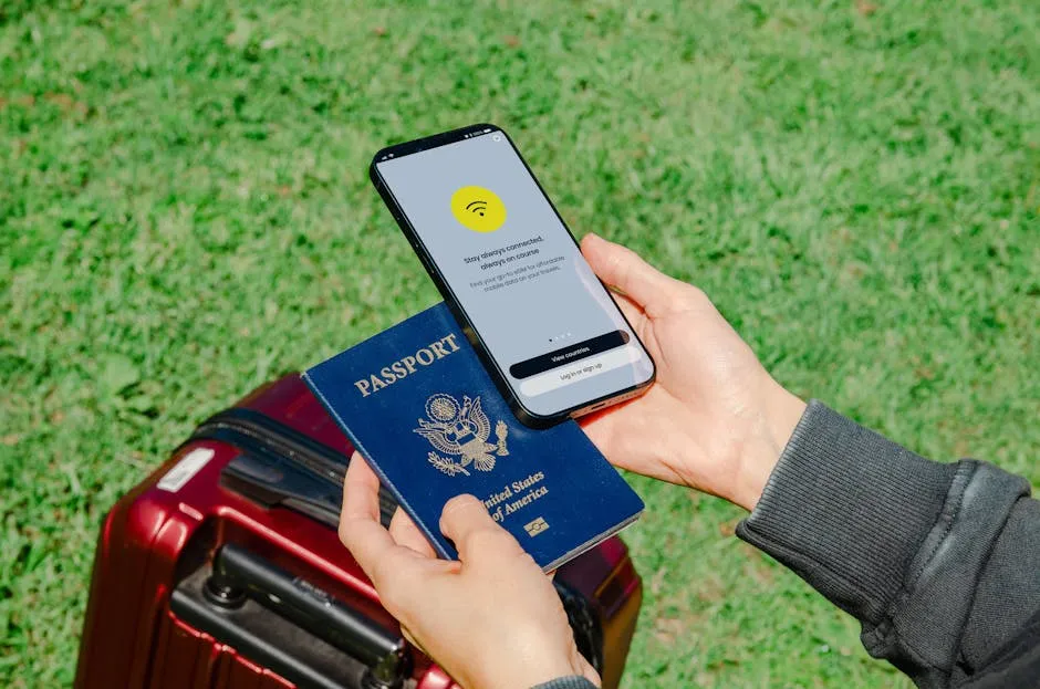 Hands holding a passport and smartphone, preparing an eSIM before travel to Switzerland