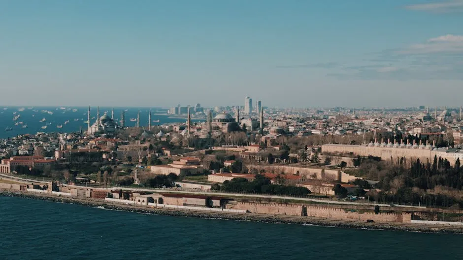 Aerial view of Istanbul featuring Hagia Sophia and the Bosphorus