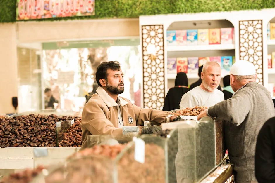 Traditional Saudi Arabian market stall with dates and spices where cash and mada card payments dominate