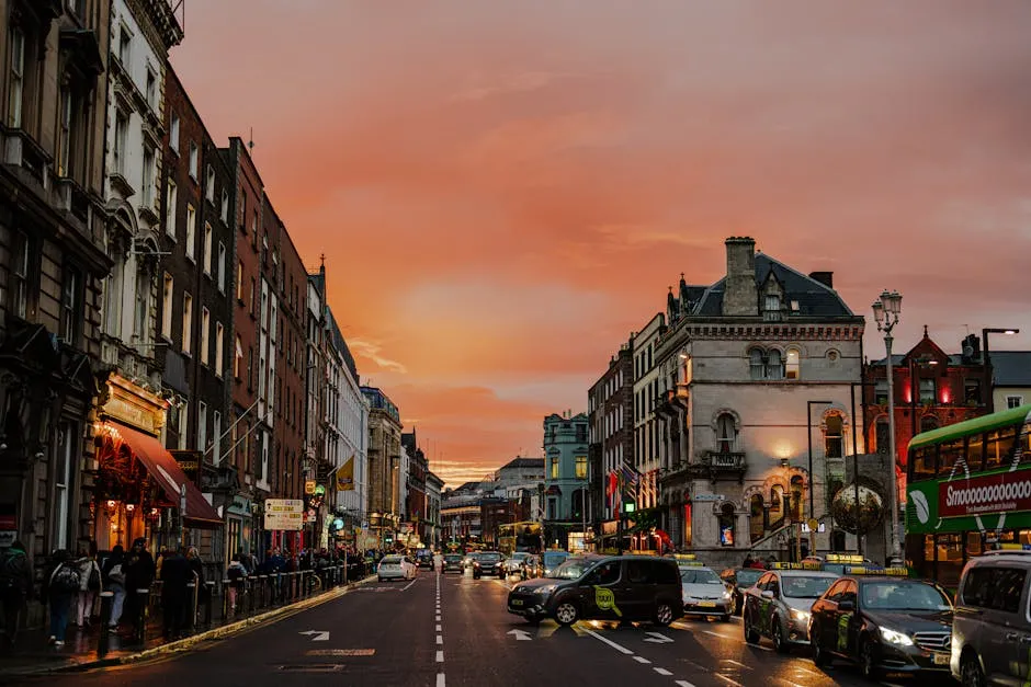 Dublin city street at sunset showing Ireland urban transport in motion