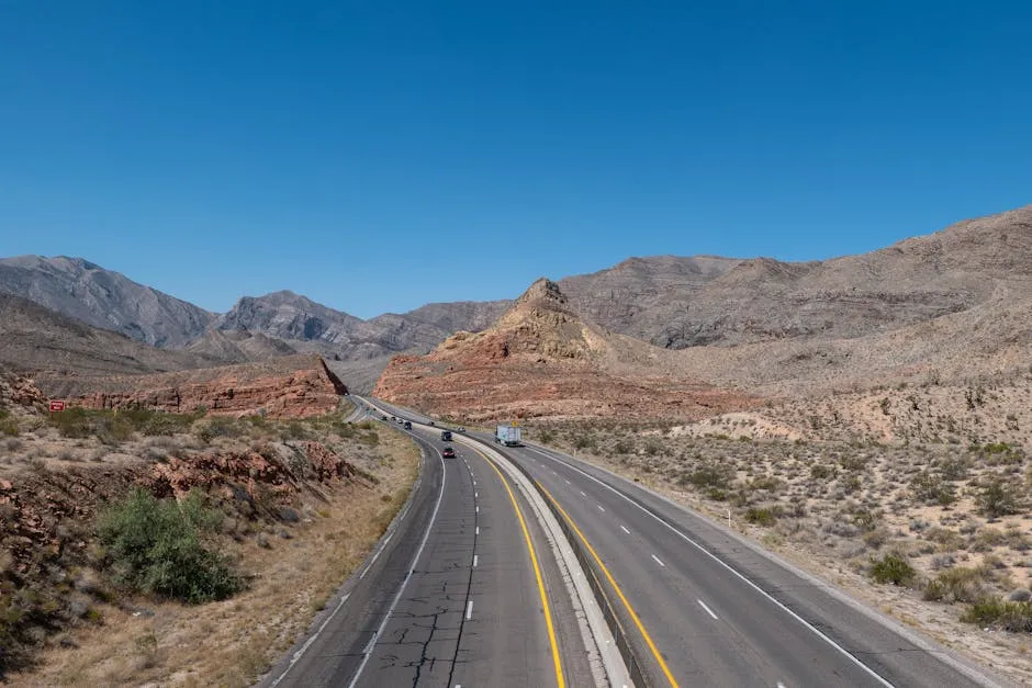 Scenic American highway winding through desert mountains in the USA