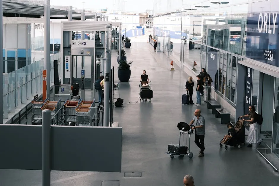 Travellers in a Paris airport terminal activating eSIM on arrival