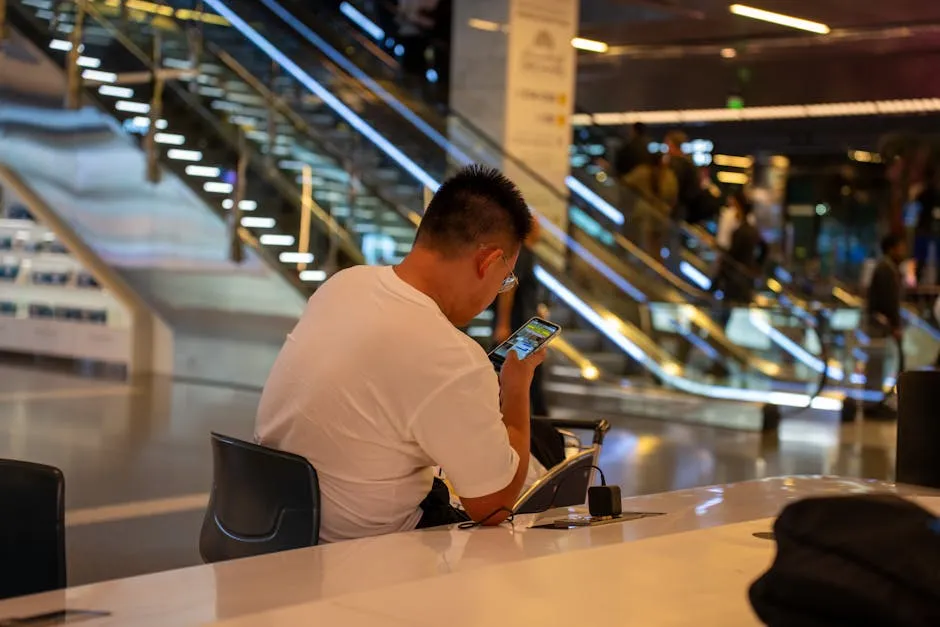 Traveller using smartphone in airport terminal before landing in Portugal