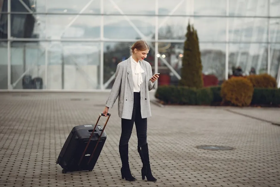 Traveller with suitcase using smartphone at airport - activating eSIM for Croatia