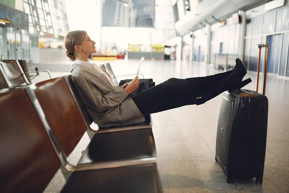 Traveller using phone and tablet in an airport terminal waiting area