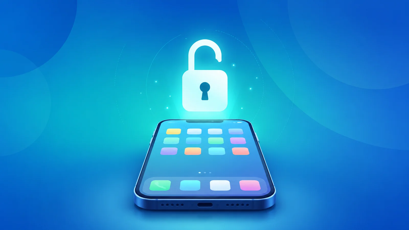 Smartphone with a glowing unlocked padlock symbol floating above it