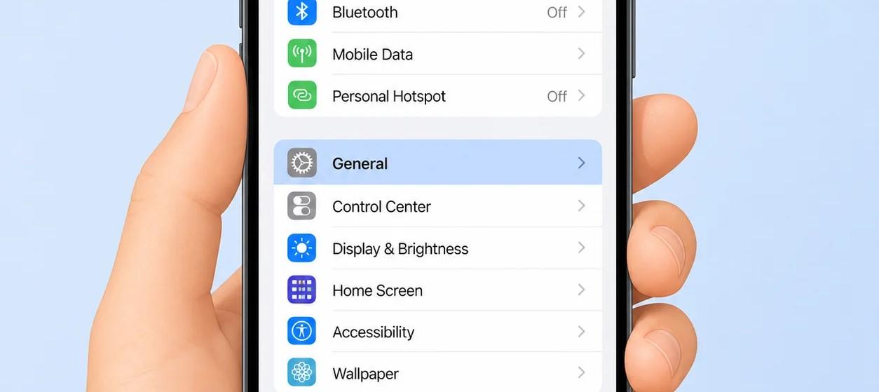 An iPhone displaying the Settings app with the General section visible