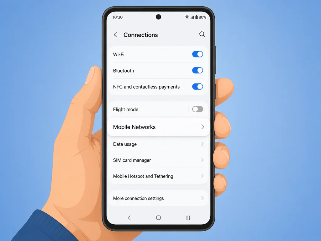 An Android phone showing the Connections menu with Mobile Networks selected