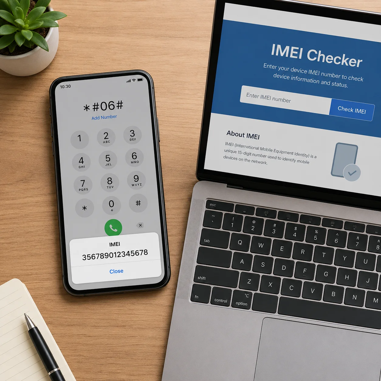 A smartphone displaying an IMEI number beside a laptop with an IMEI lookup site open