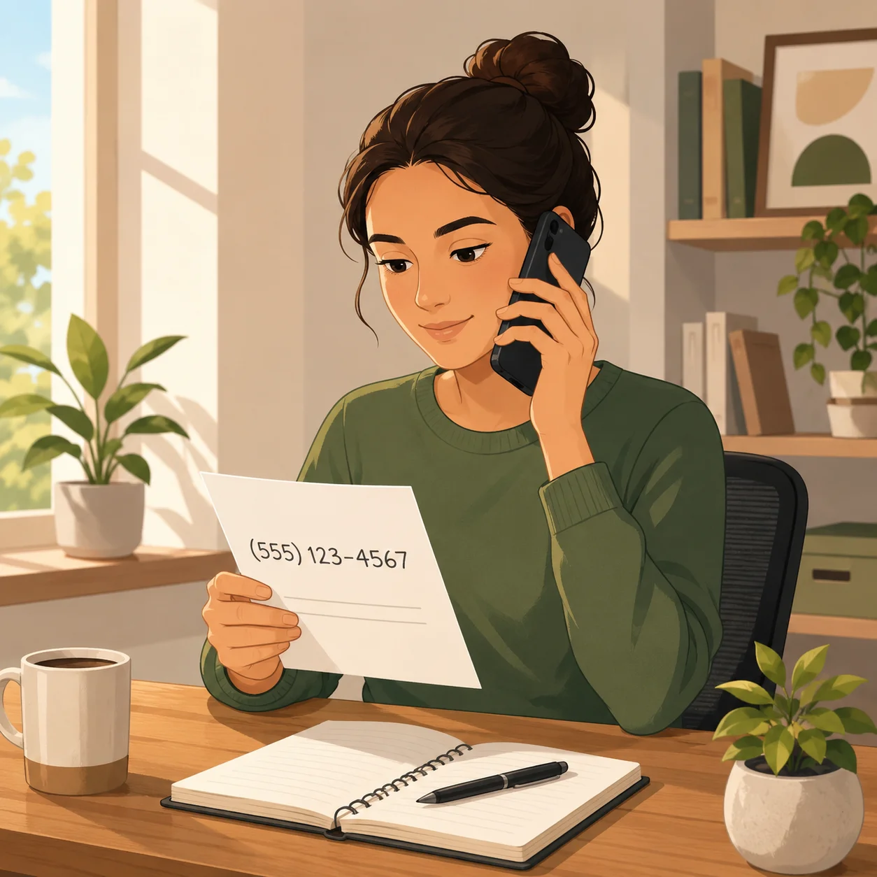 A person seated at a desk holding a smartphone to their ear, contacting a customer service line