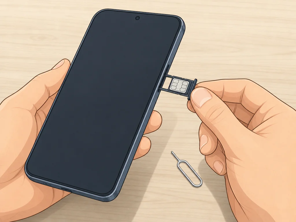 Hands holding a smartphone with an ejected SIM tray, a nano-SIM card resting in the tray, and a SIM pin nearby