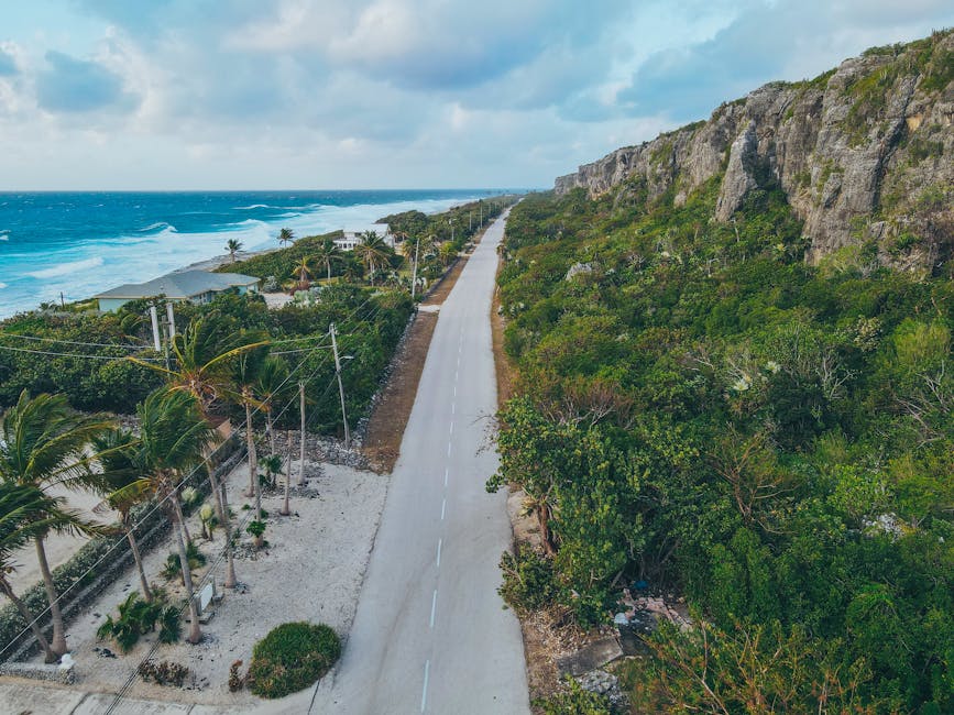 Coastal road in the Caribbean Islands for getting around by car or bus
