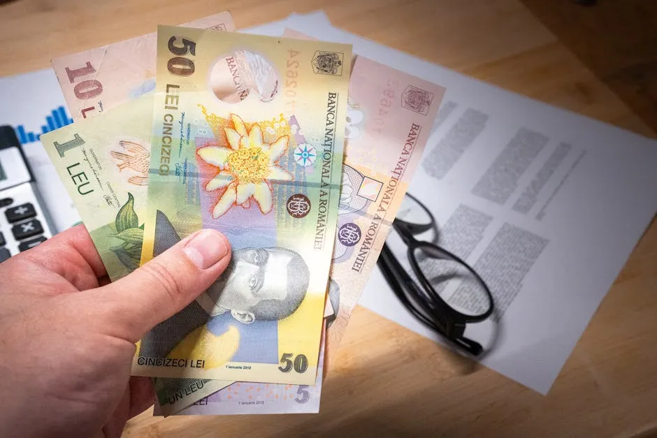 Hand holding Romanian leu banknotes above financial documents