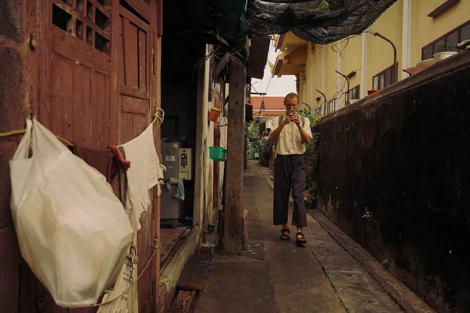 Traveller using smartphone in Bangkok alley, Thailand