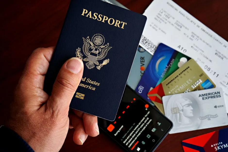 Travel essentials with passport and cards - ready to activate an eSIM before flying to the Middle East