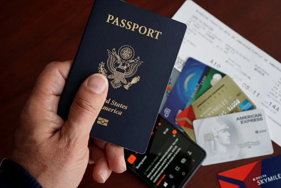 Traveller with passport, phone and cards ready for Romania trip