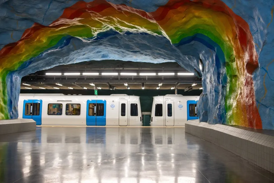 Colourful rainbow tunnel art at a Stockholm Tunnelbana metro station