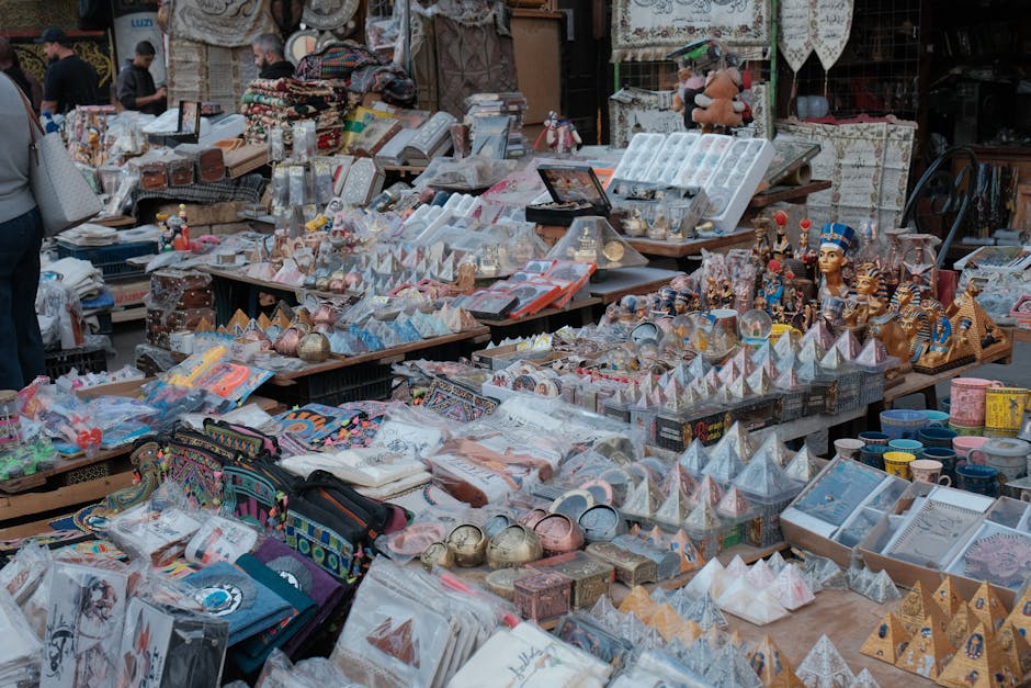 Colorful Egyptian souvenir market stalls showcasing local crafts - Khan el-Khalili style bazaar