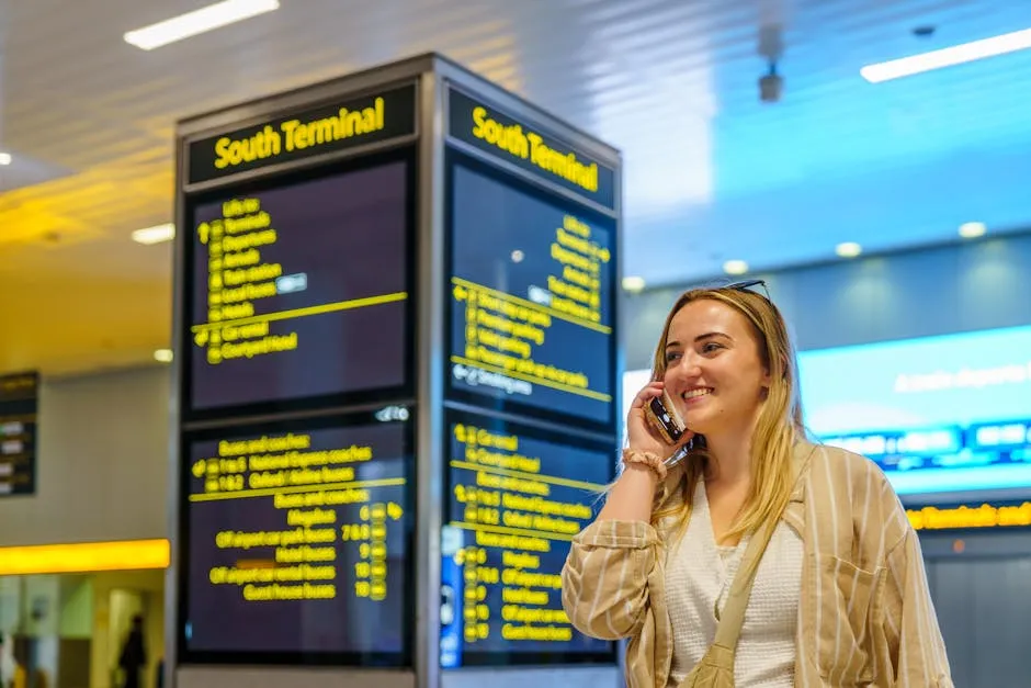 Traveller on phone at airport, setting up eSIM before flying to Malta