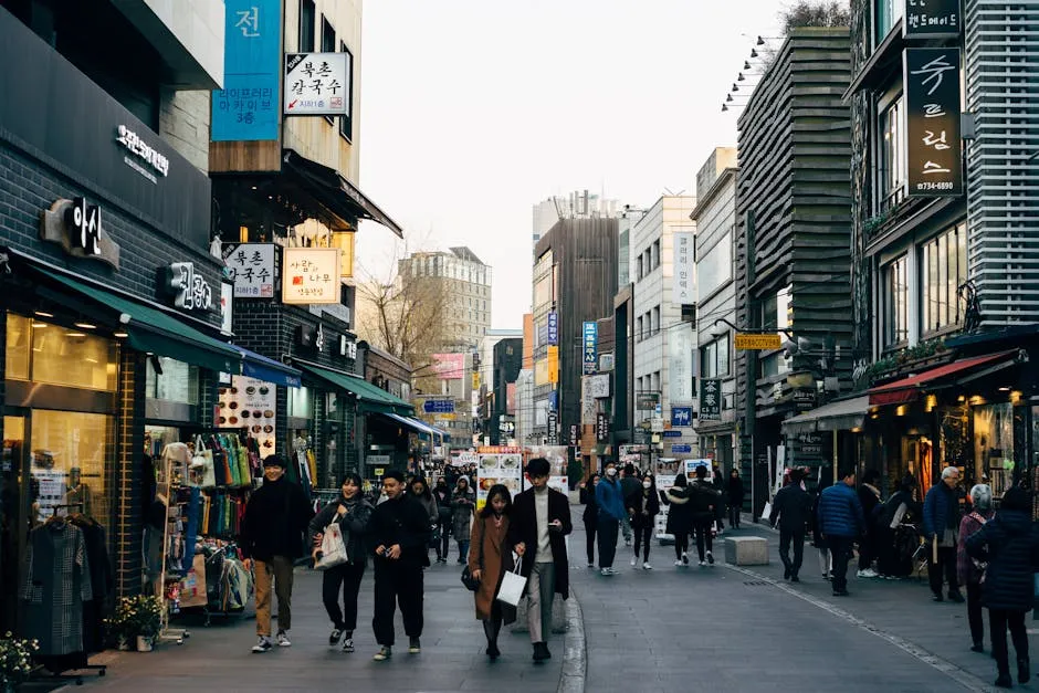 Busy shopping street in Seoul, South Korea