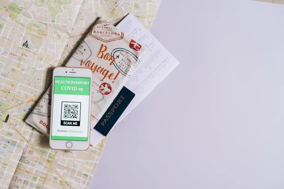 Traveller with smartphone and travel documents at airport