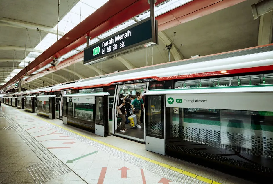 Commuters boarding Singapore MRT train at Tanah Merah station