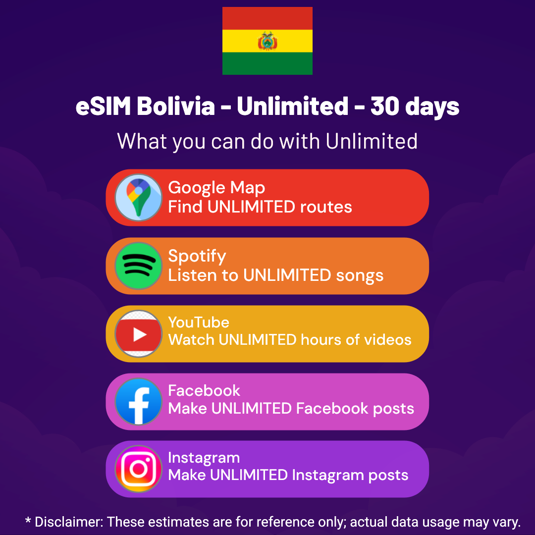 0b50e453-5726-4e78-b5ec-3ef0ed955170.png eSIM Bolivia - Unlimited - 30 days