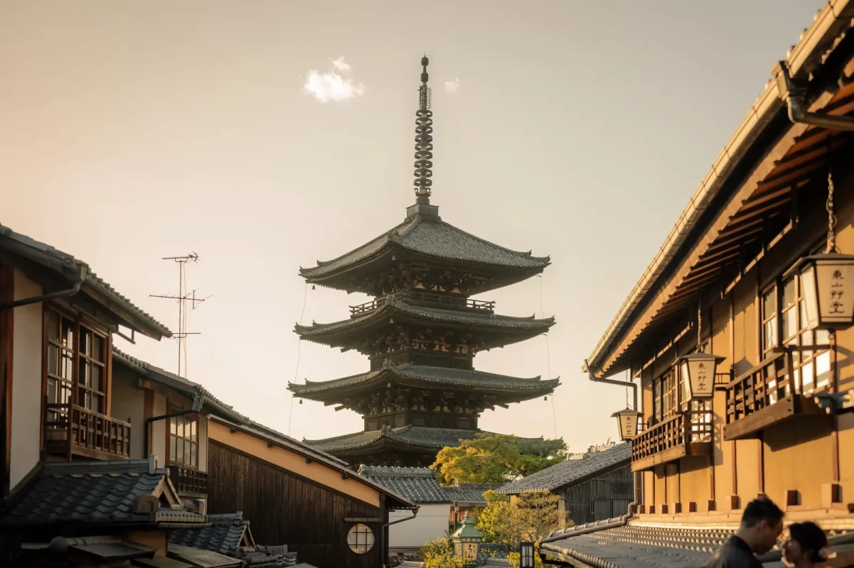 Yasaka Pagoda at golden hour in Kyoto's Higashiyama district, Japan